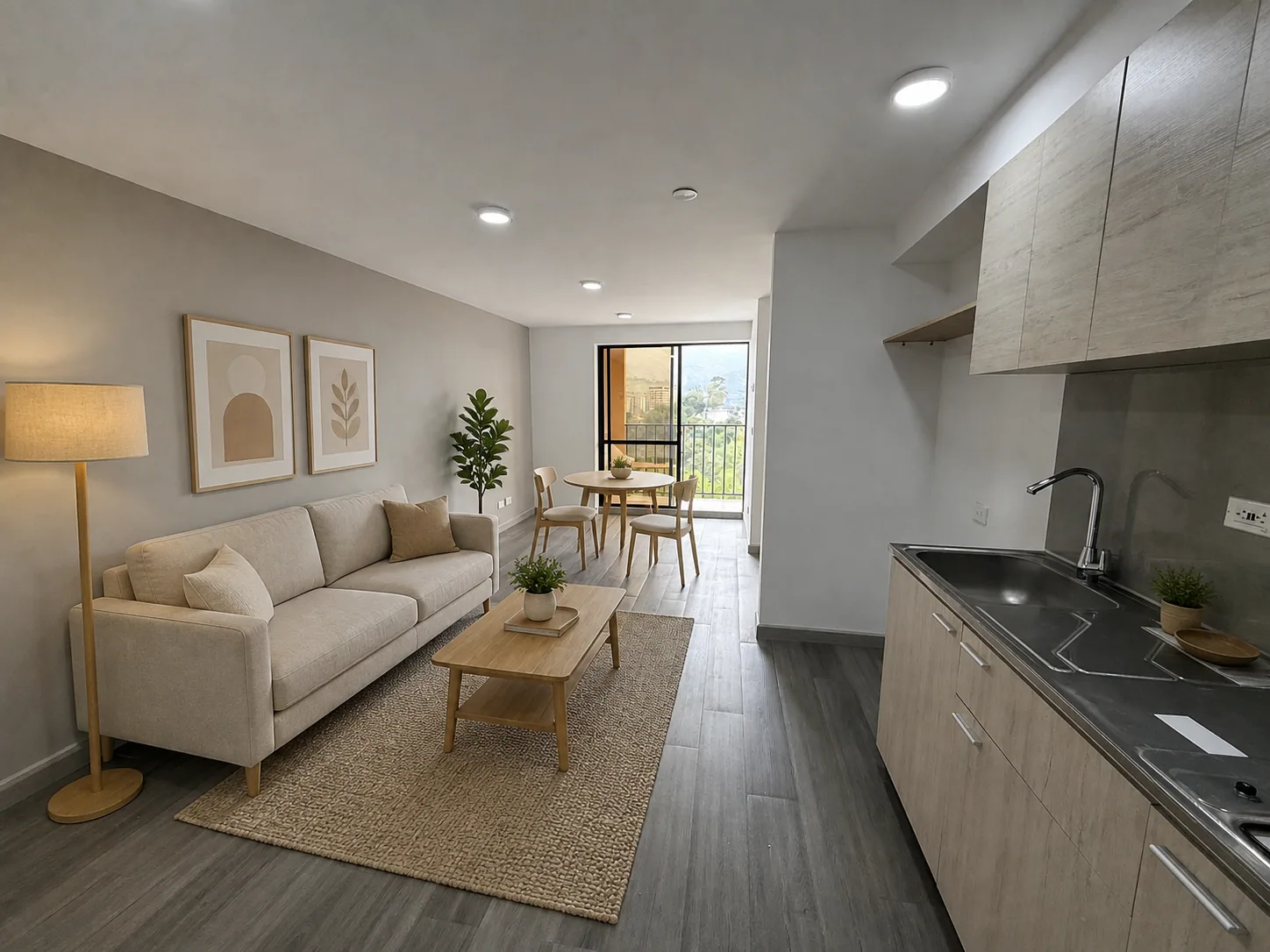 Sala-comedor del apartamento 806 acondicionada virtualmente con muebles mediante inteligencia artificial